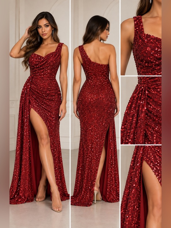 Missord Dresses & Skirts - NWT Red Sequin One Shoulder Asymmetrical Slit Draped Formal Gown